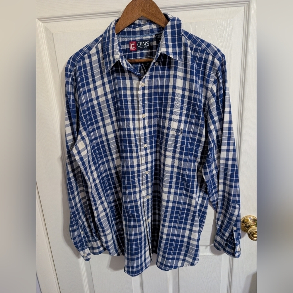 Chaps Mens Shirt Plaid Blue White Long Sleeve Button Cotton Blend Size Large
